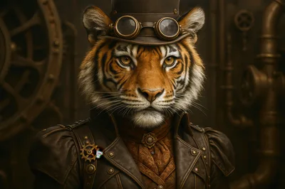 Steampunk Tiger Portrait In Victorian Attire