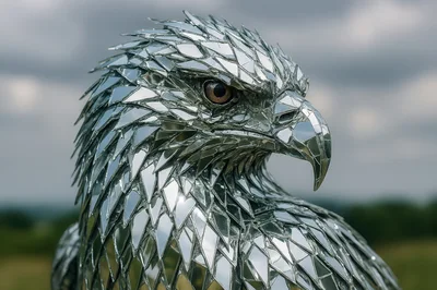 Mirror Mosaic Eagle Sculpture Against Cloudy Sky