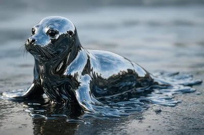 Liquid Chrome Seal Pup On Reflective Surface