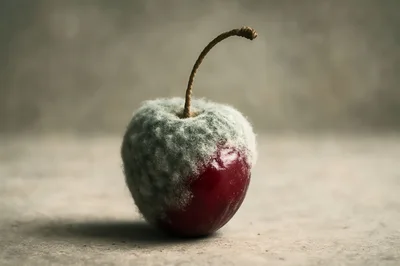 Single Cherry Covered In Thick Gray Mold