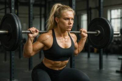 Muscular Woman Performing Barbell Back Squat Exercise