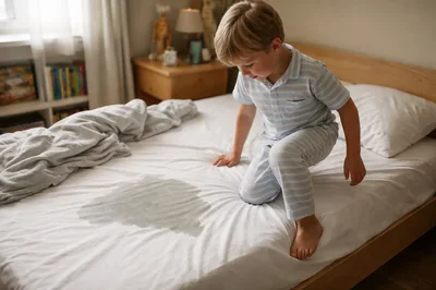 Young boy noticing bedwetting accident in bedroom morning light