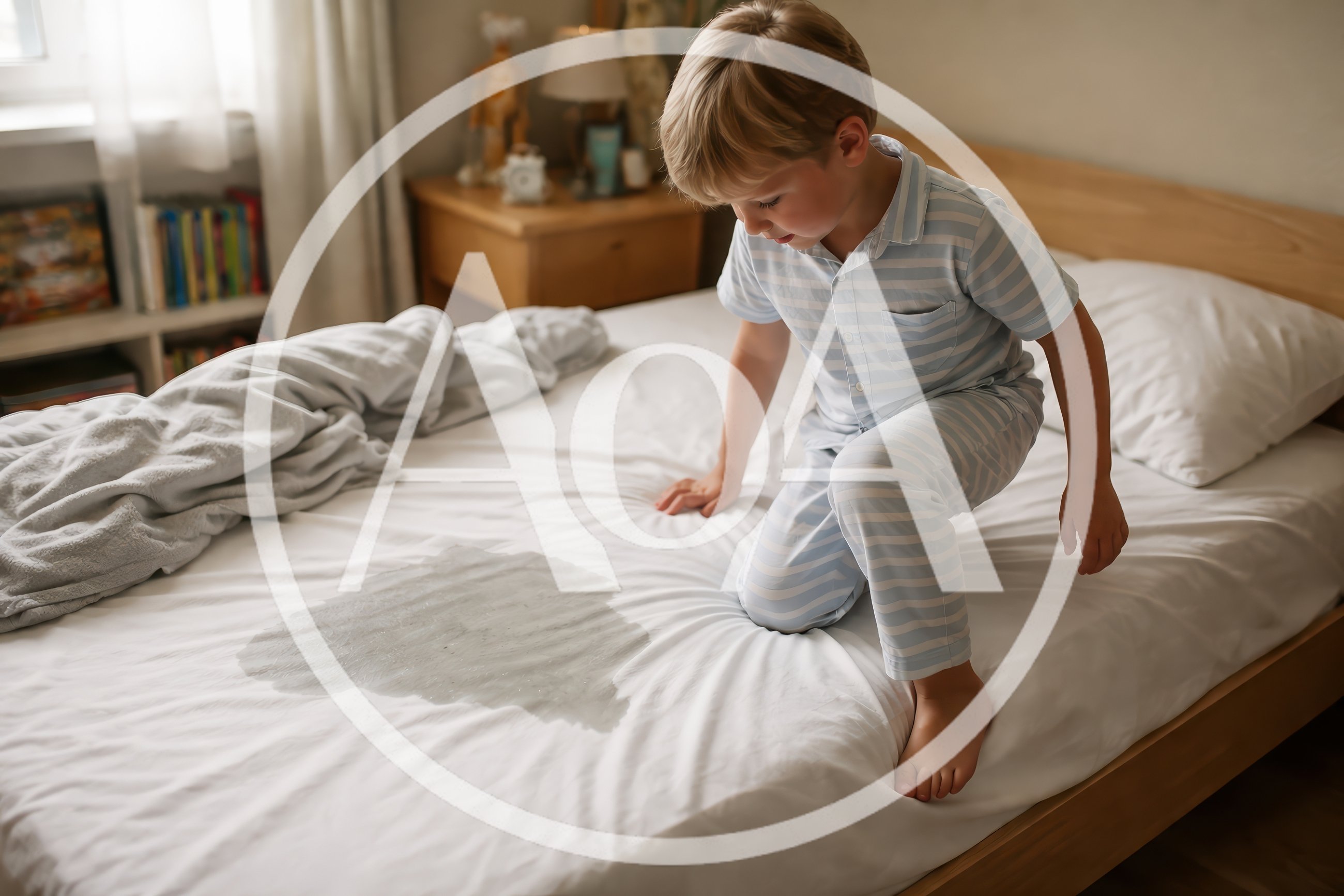 Young boy noticing bedwetting accident in bedroom morning light