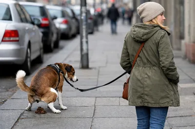 Dog Defecating On City Sidewalk While Owner Walks
