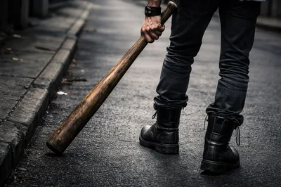 Person Standing On Street Holding A Wooden Baseball Bat