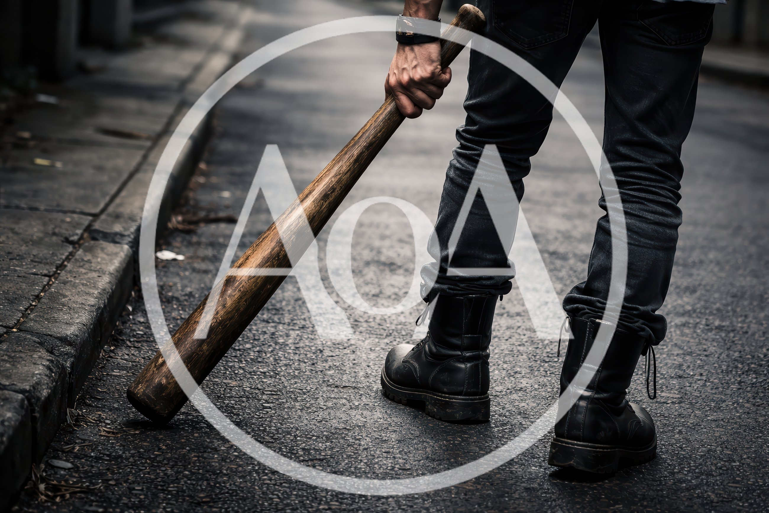Person Standing On Street Holding A Wooden Baseball Bat