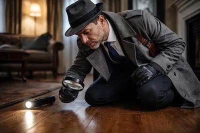 Detective Examining Wooden Floor With Magnifying Glass And Flashlight