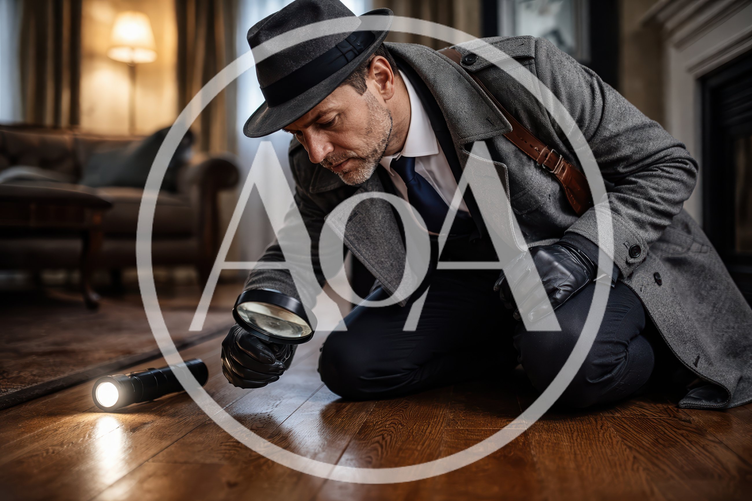 Detective Examining Wooden Floor With Magnifying Glass And Flashlight