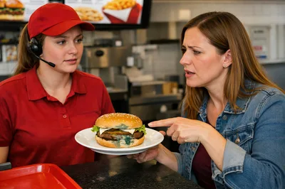 Customer Complaining About Moldy Burger to Fast Food Worker