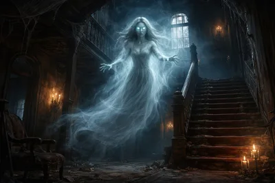 Ethereal Female Ghost Floating in Haunted Mansion