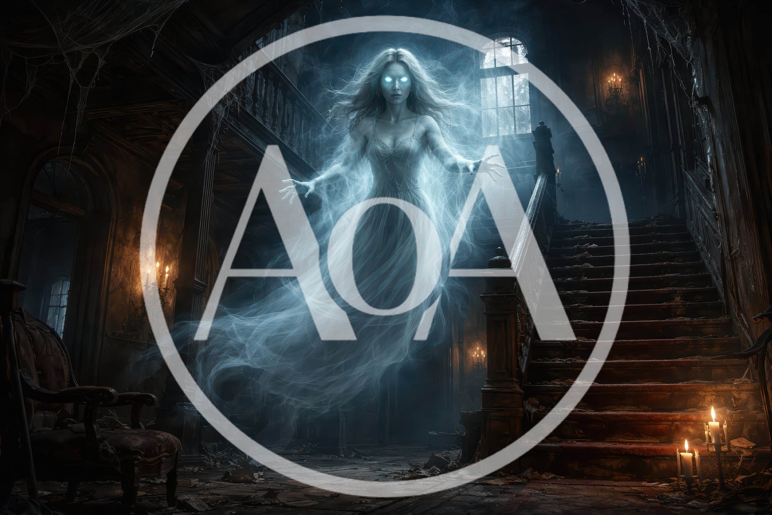 Ethereal Female Ghost Floating in Haunted Mansion