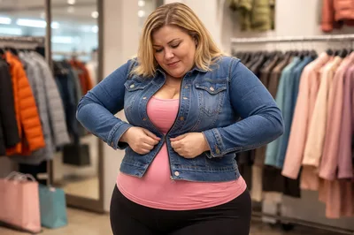Plus Size Woman Trying On Denim Jacket In Store