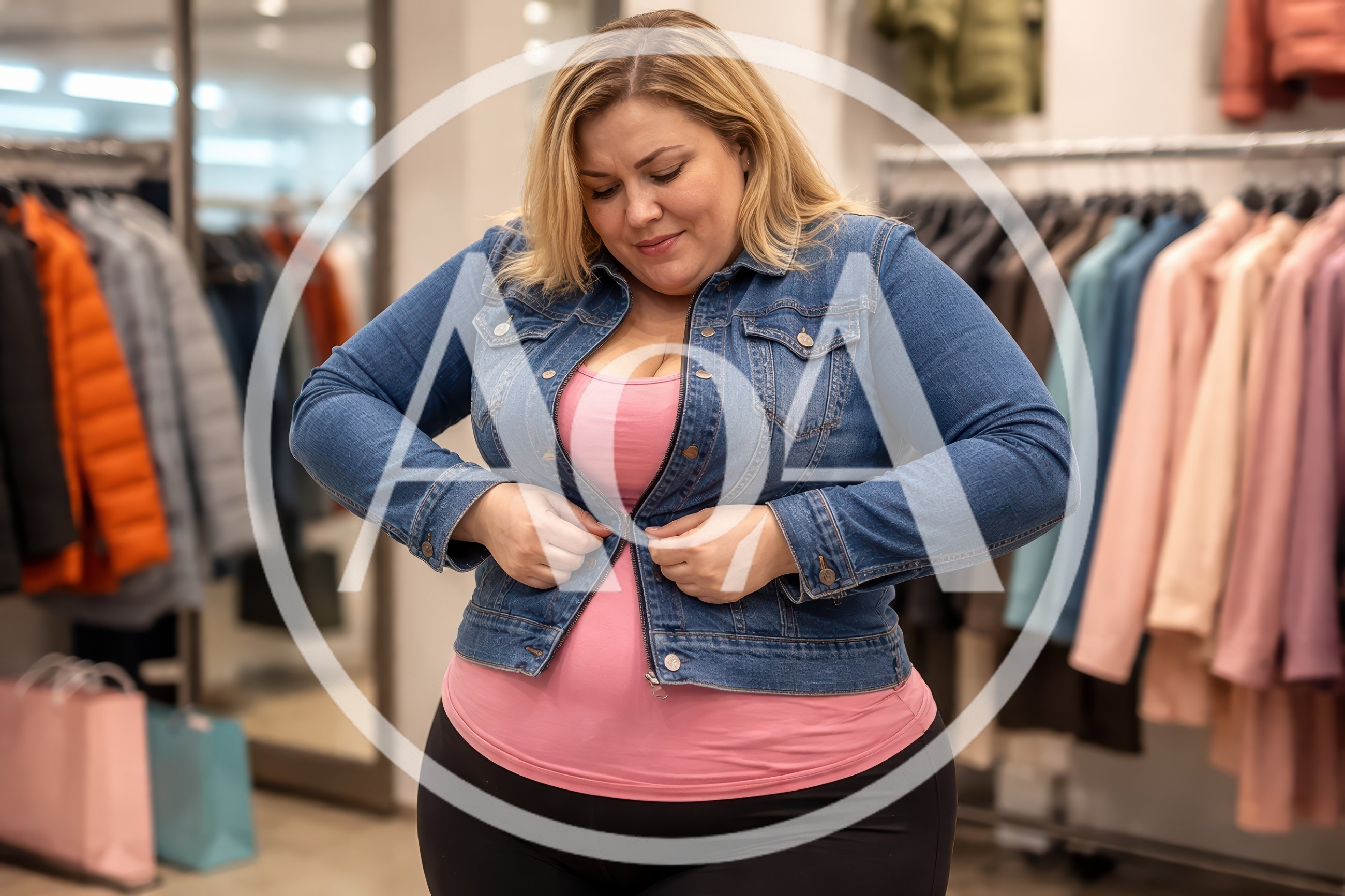 Plus Size Woman Trying On Denim Jacket In Store