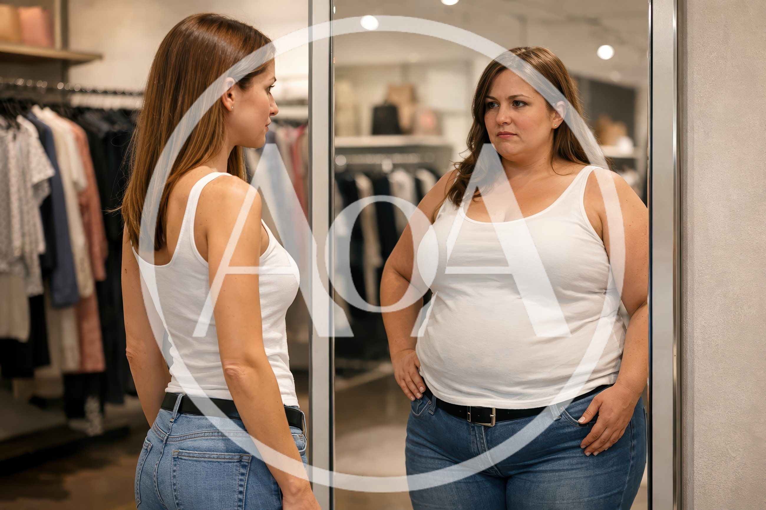 Woman Looking At Her Reflection In A Clothing Store