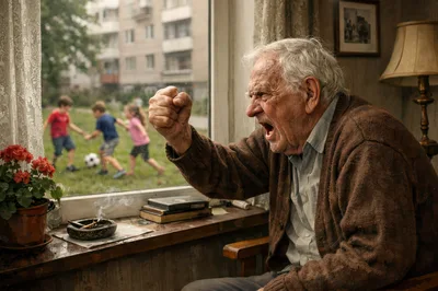Angry Elderly Man Shaking Fist At Children Playing Outside
