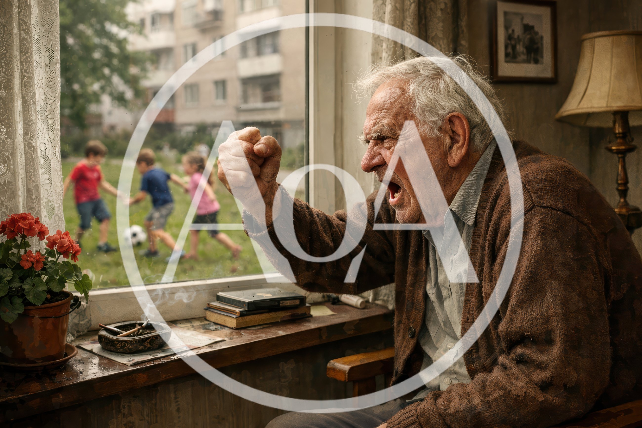 Angry Elderly Man Shaking Fist At Children Playing Outside
