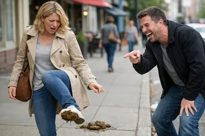 Man Laughing At Woman Stepping In Dog Feces