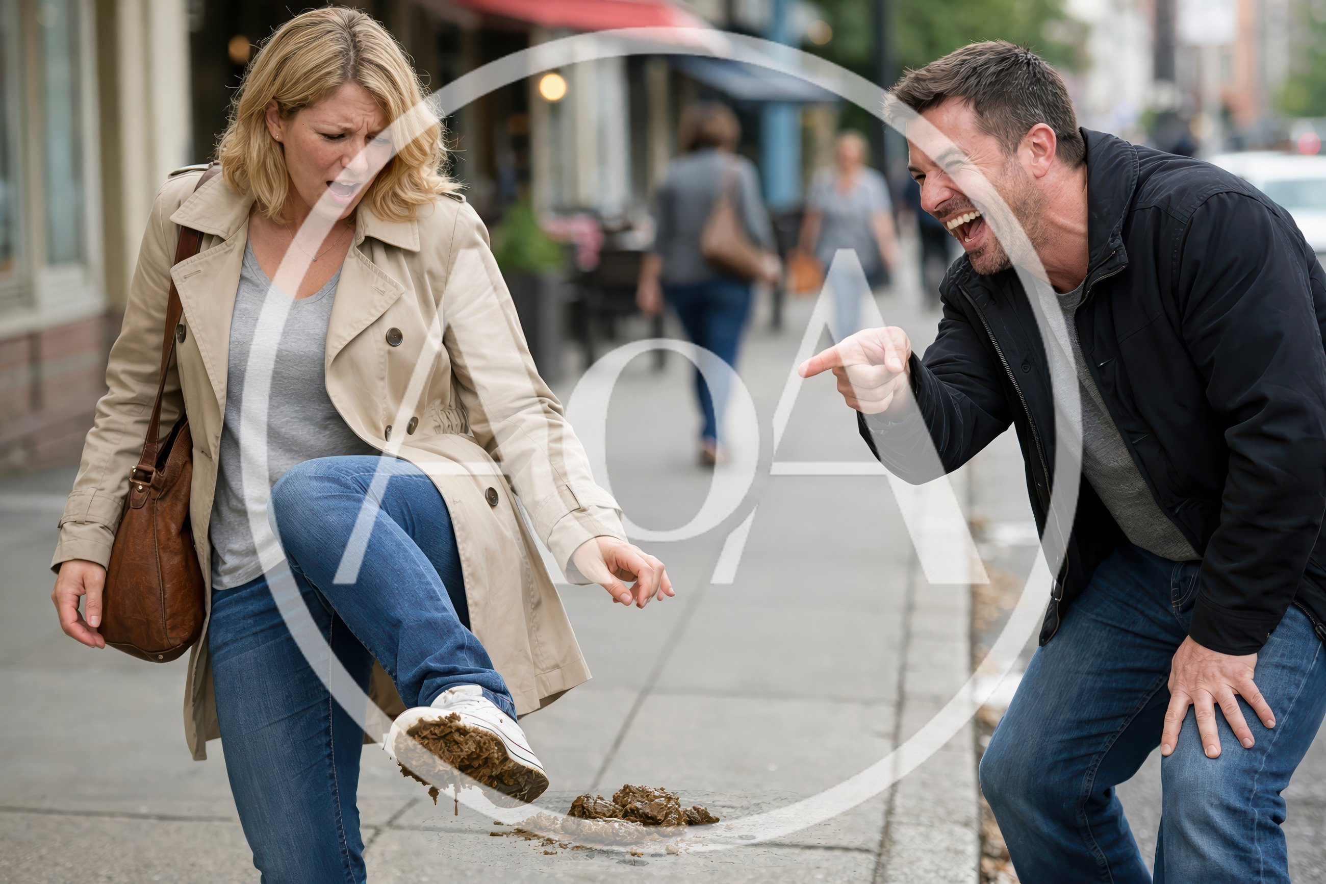 Man Laughing At Woman Stepping In Dog Feces