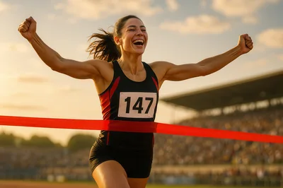Female Athlete Crossing Finish Line In Stadium