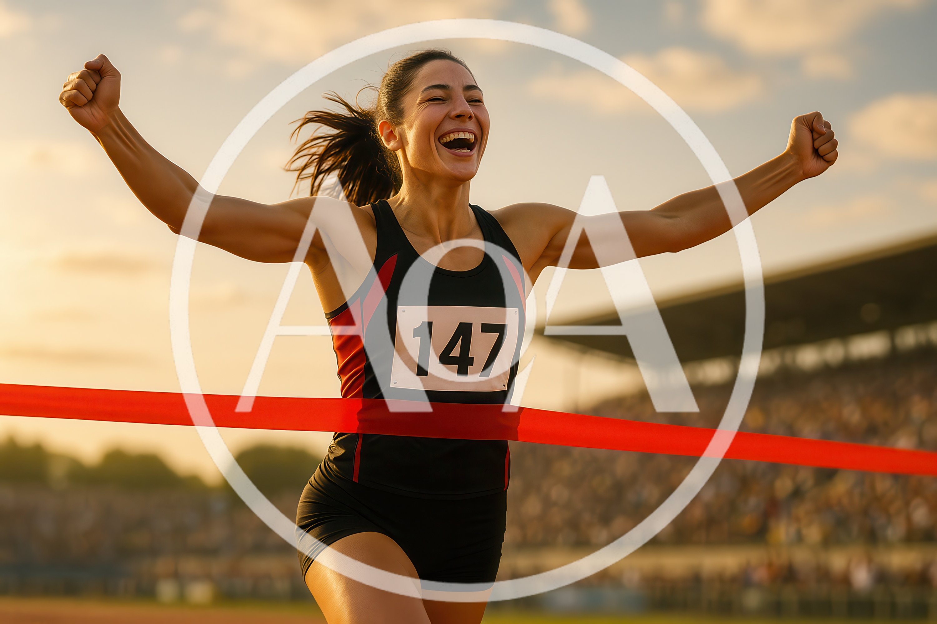 Female Athlete Crossing Finish Line In Stadium