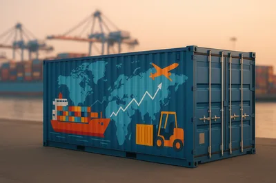 Blue Shipping Container With Global Logistics Graphics
