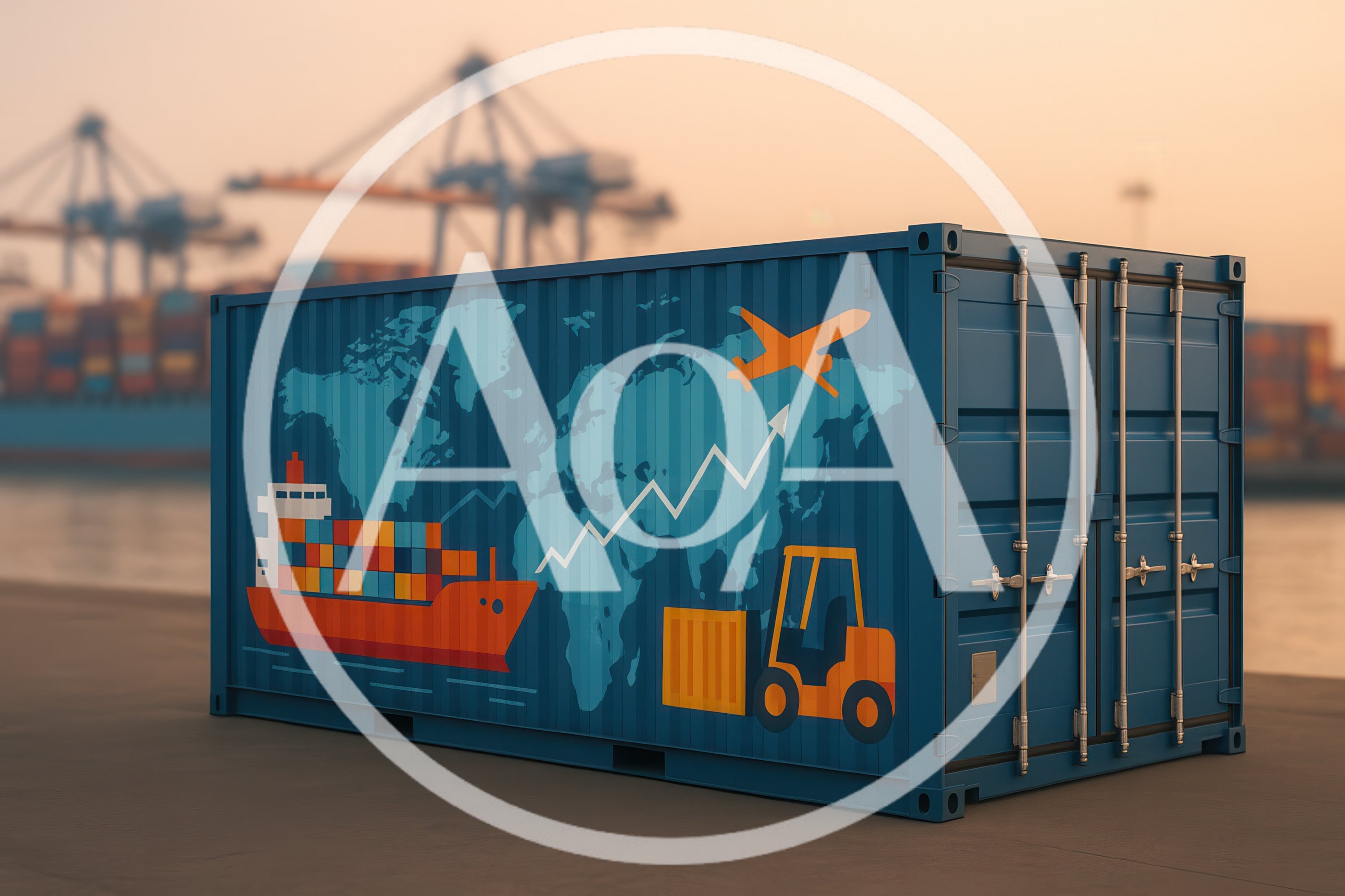Blue Shipping Container With Global Logistics Graphics