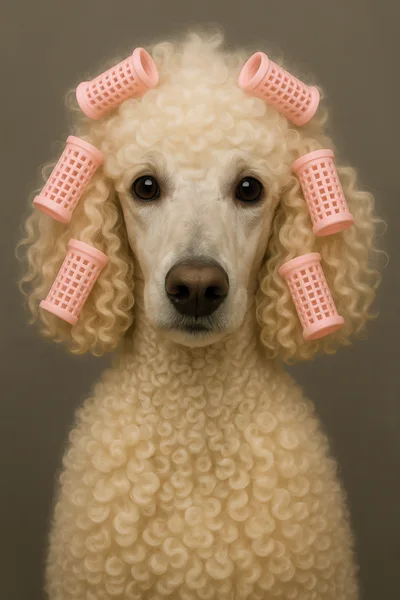 Portrait Of A Poodle Wearing Pink Hair Rollers
