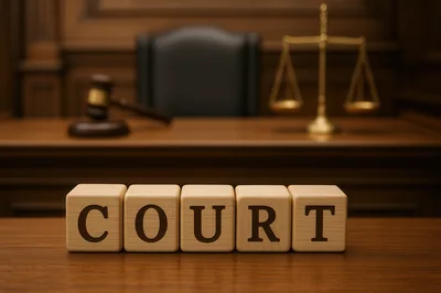 Wooden Blocks Spelling Court On A Judges Bench