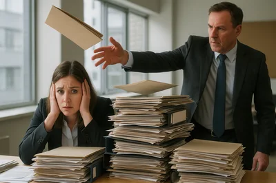 Stressed Employee Overwhelmed By Demanding Boss With Paperwork