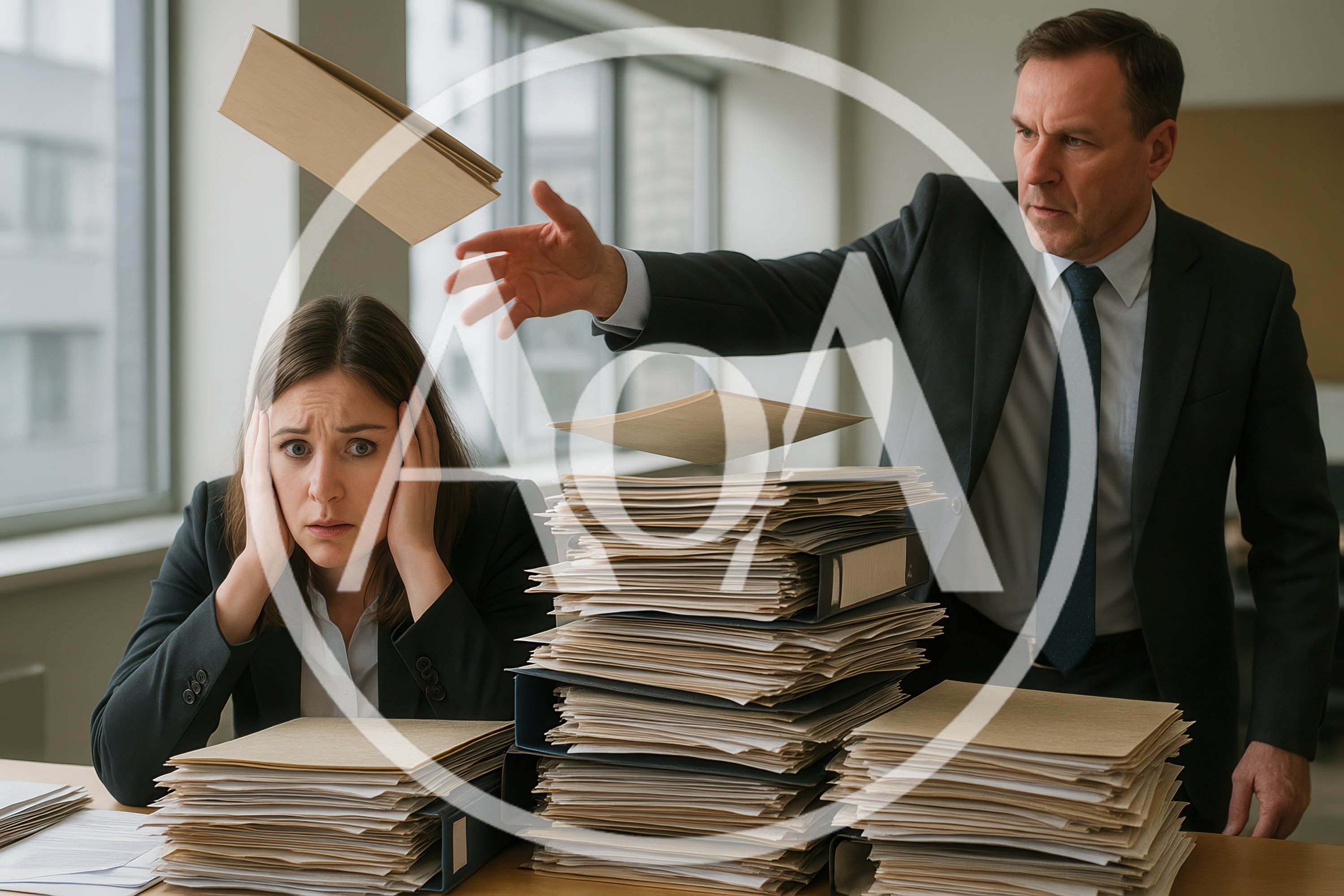 Stressed Employee Overwhelmed By Demanding Boss With Paperwork
