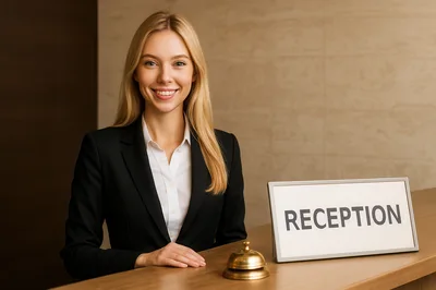 Professional Hotel Receptionist Smiling At Front Desk
