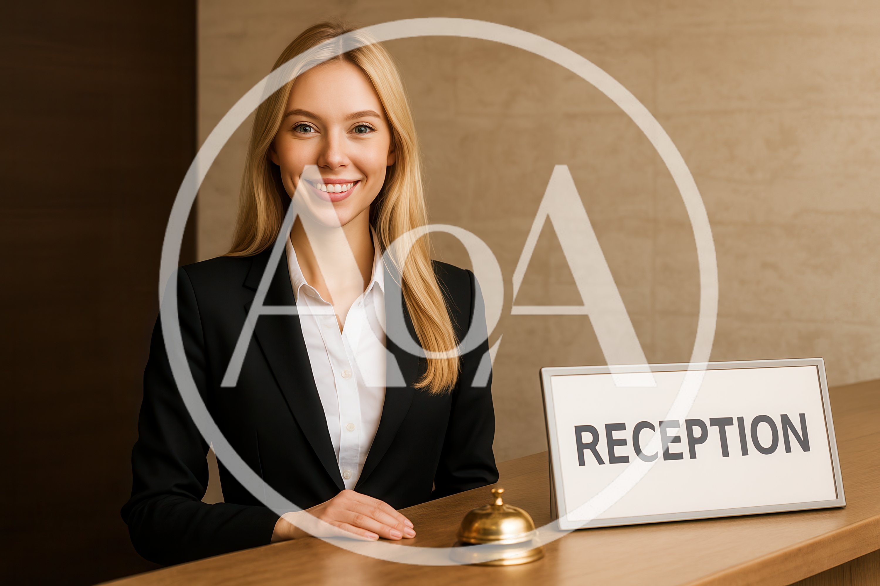 Professional Hotel Receptionist Smiling At Front Desk