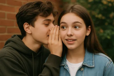 Young man whispering secrets to surprised teenage girl near brick wall