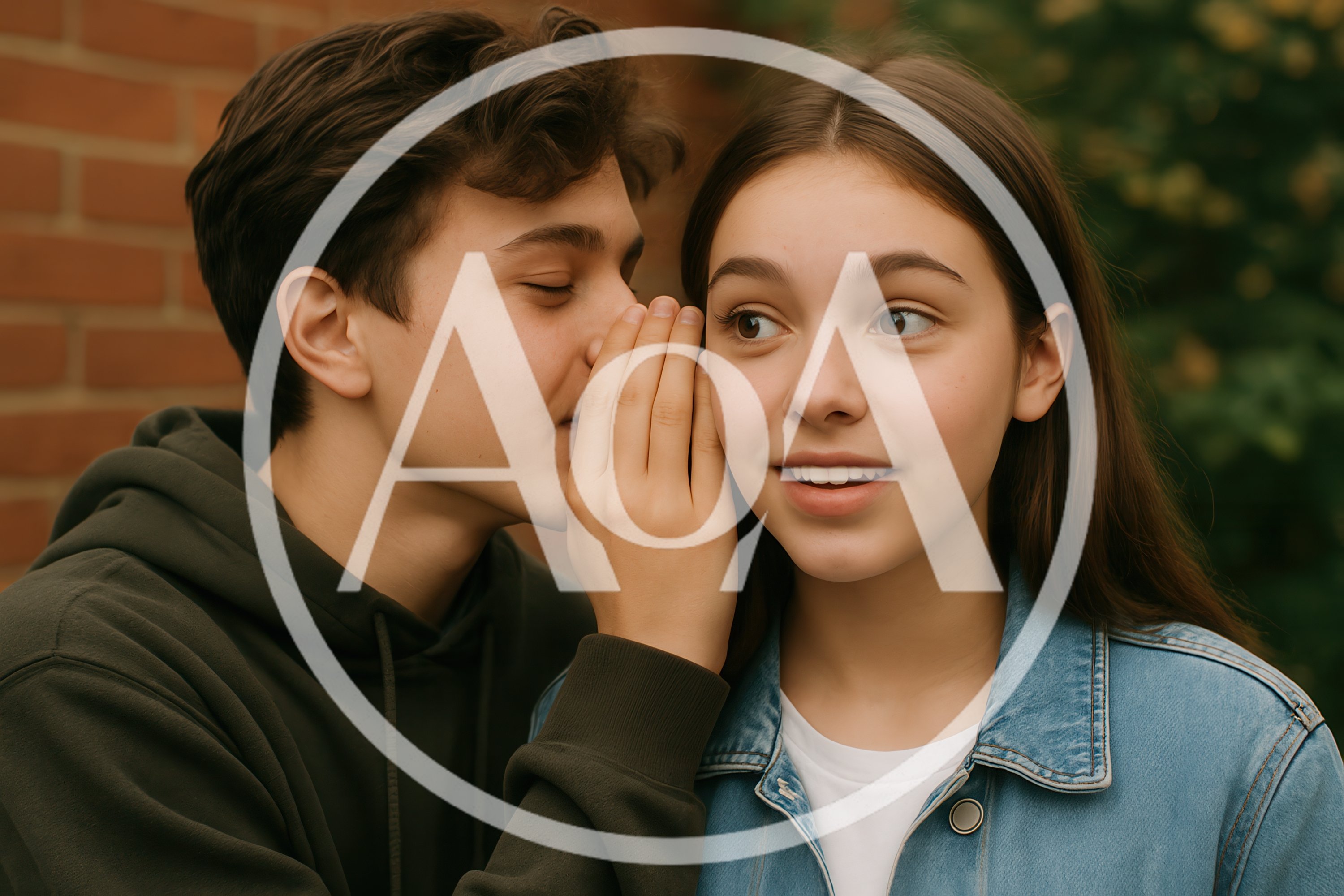 Young man whispering secrets to surprised teenage girl near brick wall