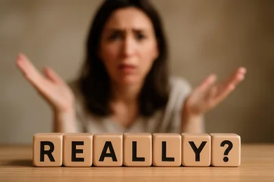 Woman Expressing Disbelief With Really Wooden Blocks