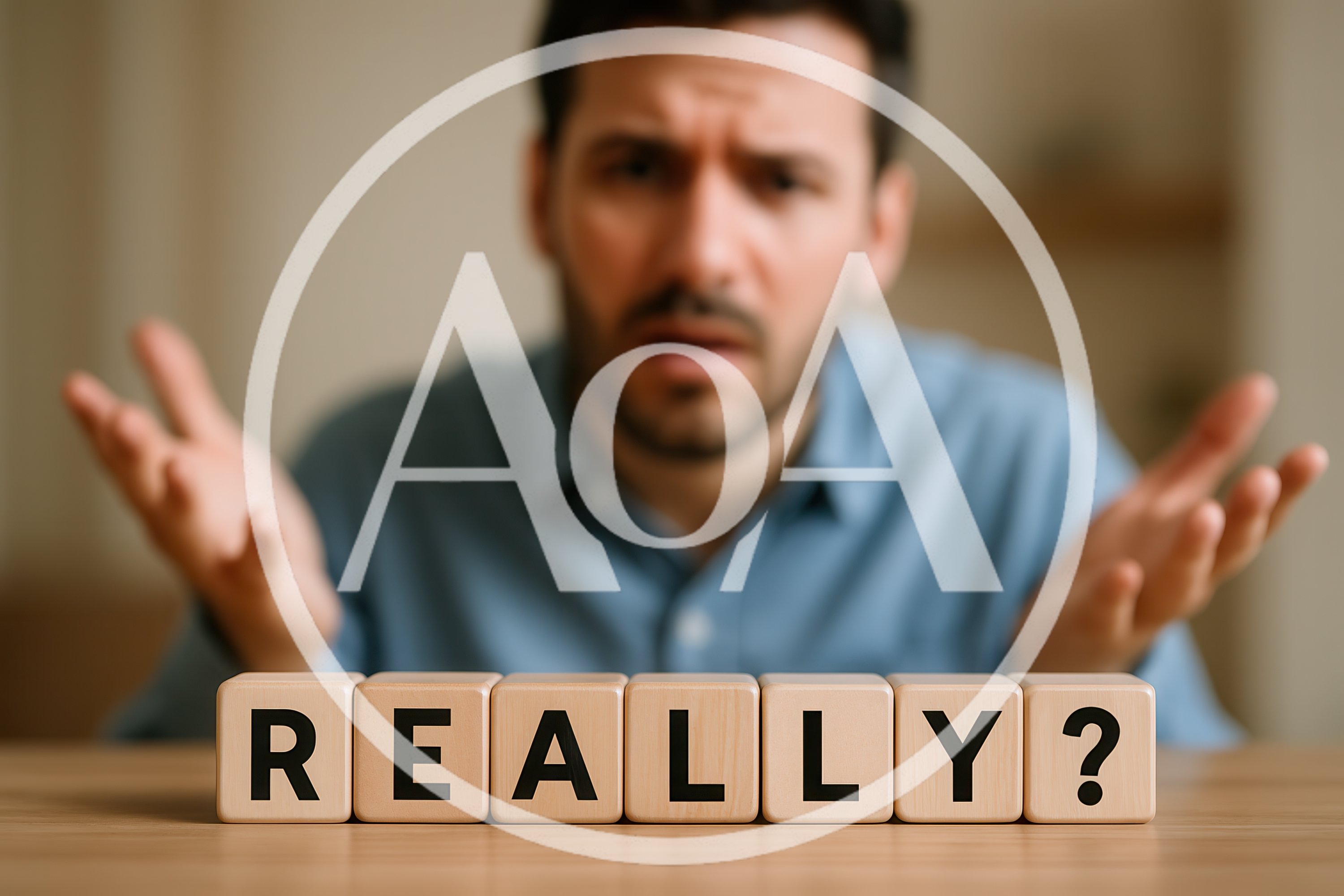 Frustrated Man Expressing Disbelief With Really Wooden Blocks