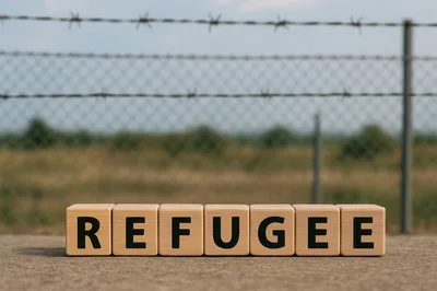 Wooden Blocks Spelling Refugee In Front Of Barbed Wire