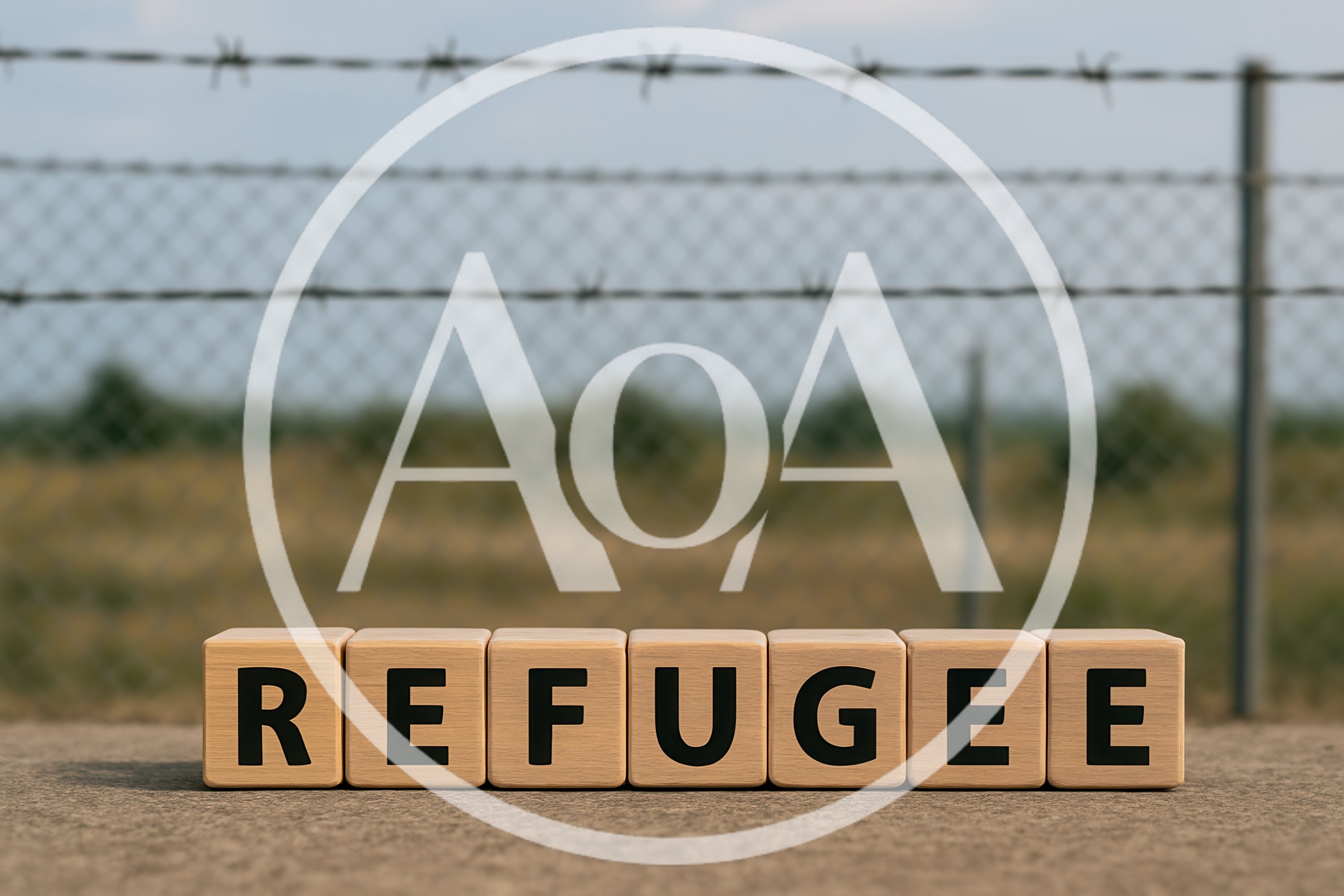 Wooden Blocks Spelling Refugee In Front Of Barbed Wire
