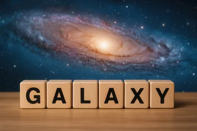 Wooden Blocks Spelling Galaxy Against A Cosmic Background