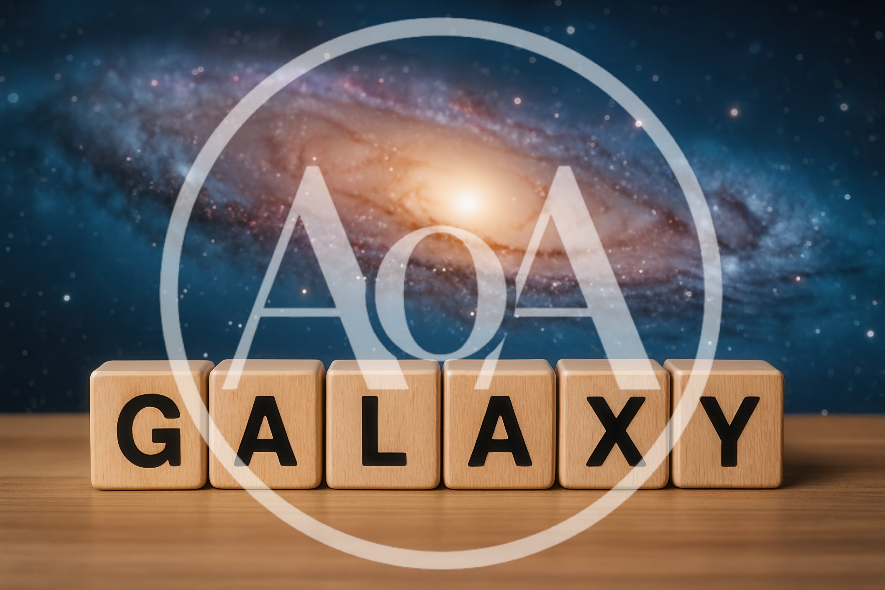 Wooden Blocks Spelling Galaxy Against A Cosmic Background