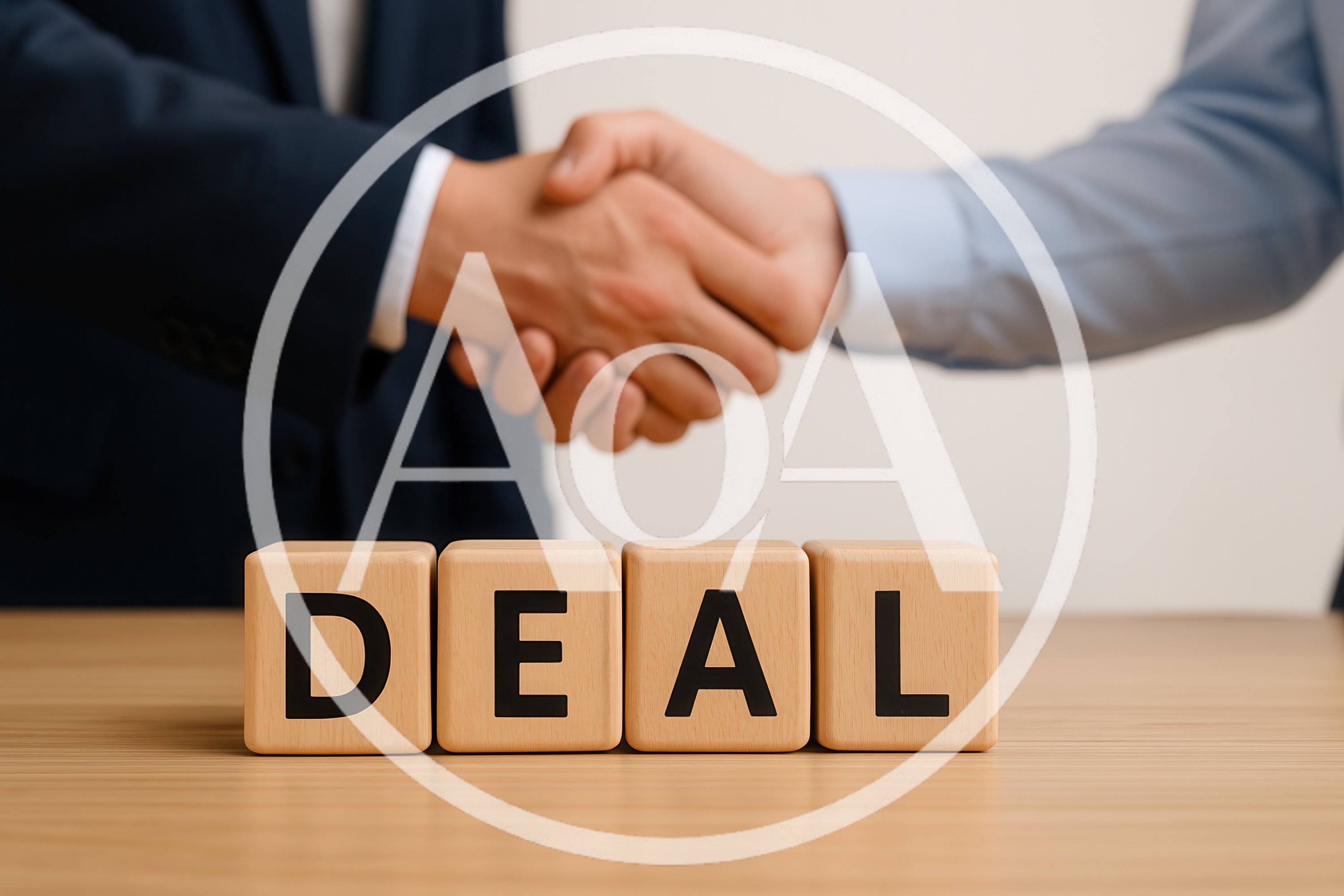 Business Partners Shaking Hands Over Deal Wooden Blocks