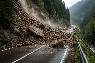 Landslide Blocking Mountain Road With Construction Equipment