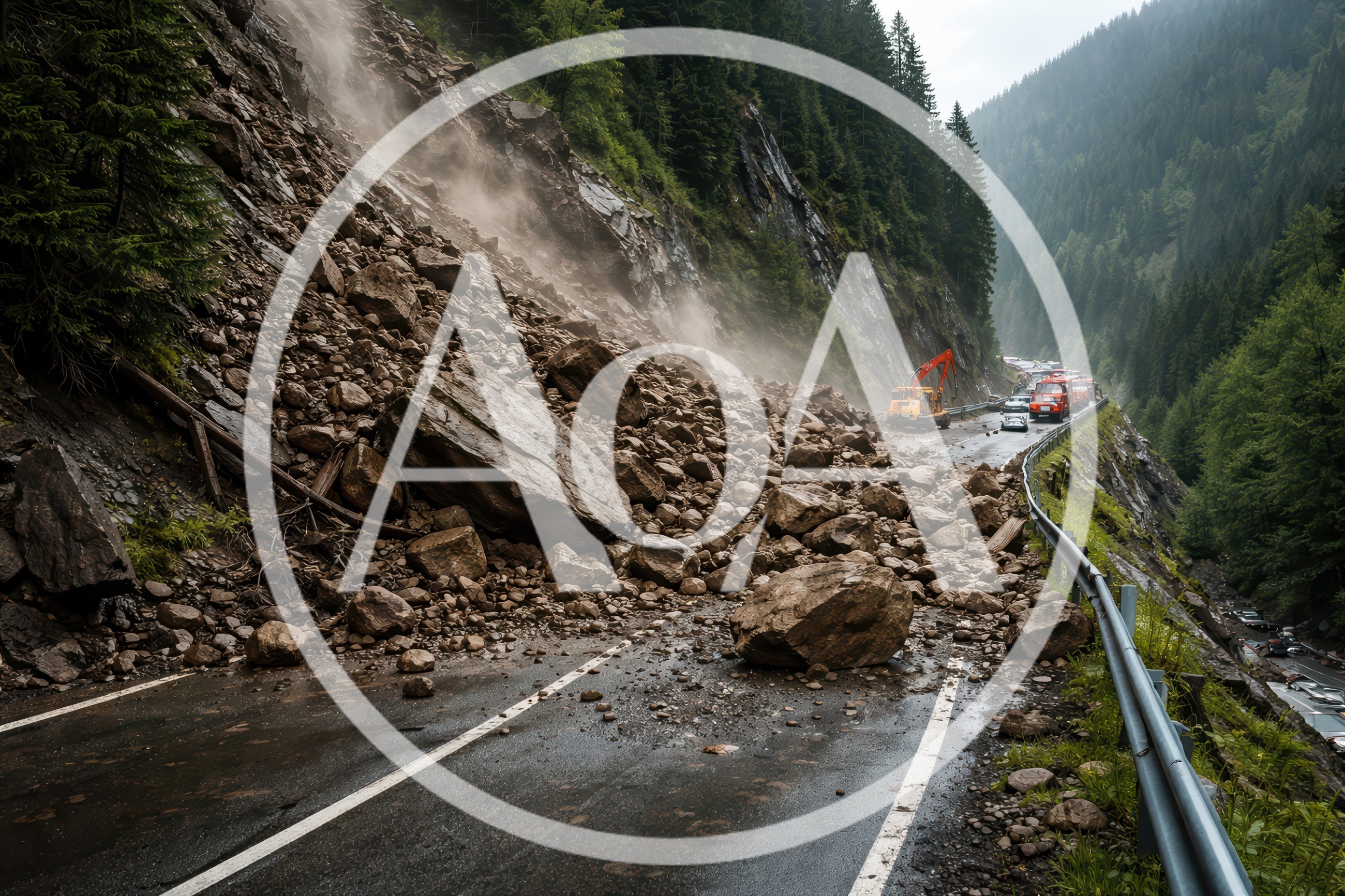 Landslide Blocking Mountain Road With Construction Equipment