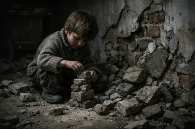 Poor Child Playing With Rubble In Ruined Building