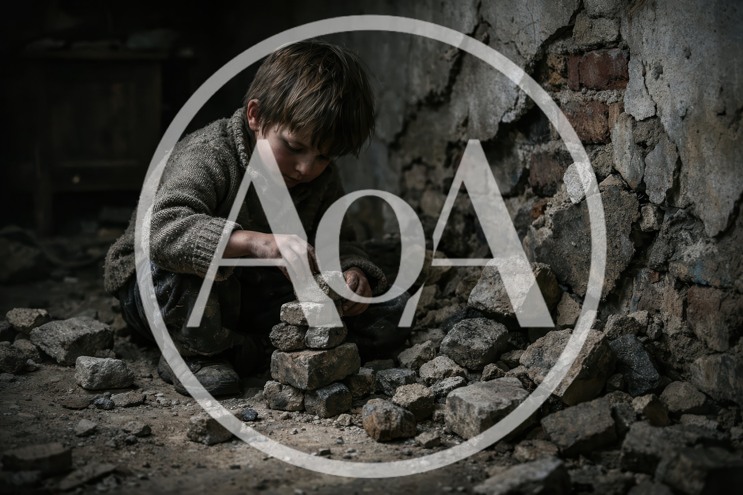 Poor Child Playing With Rubble In Ruined Building