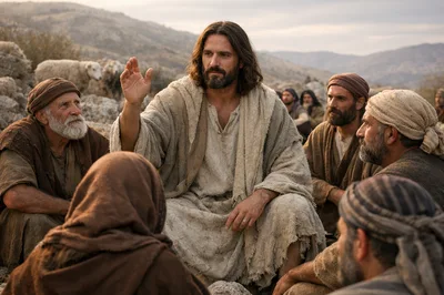 Jesus Teaching Disciples In A Rocky Landscape