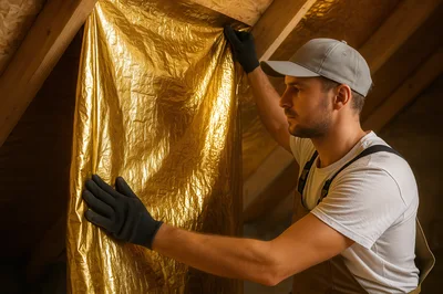 Construction Worker Installing Reflective Insulation In Attic