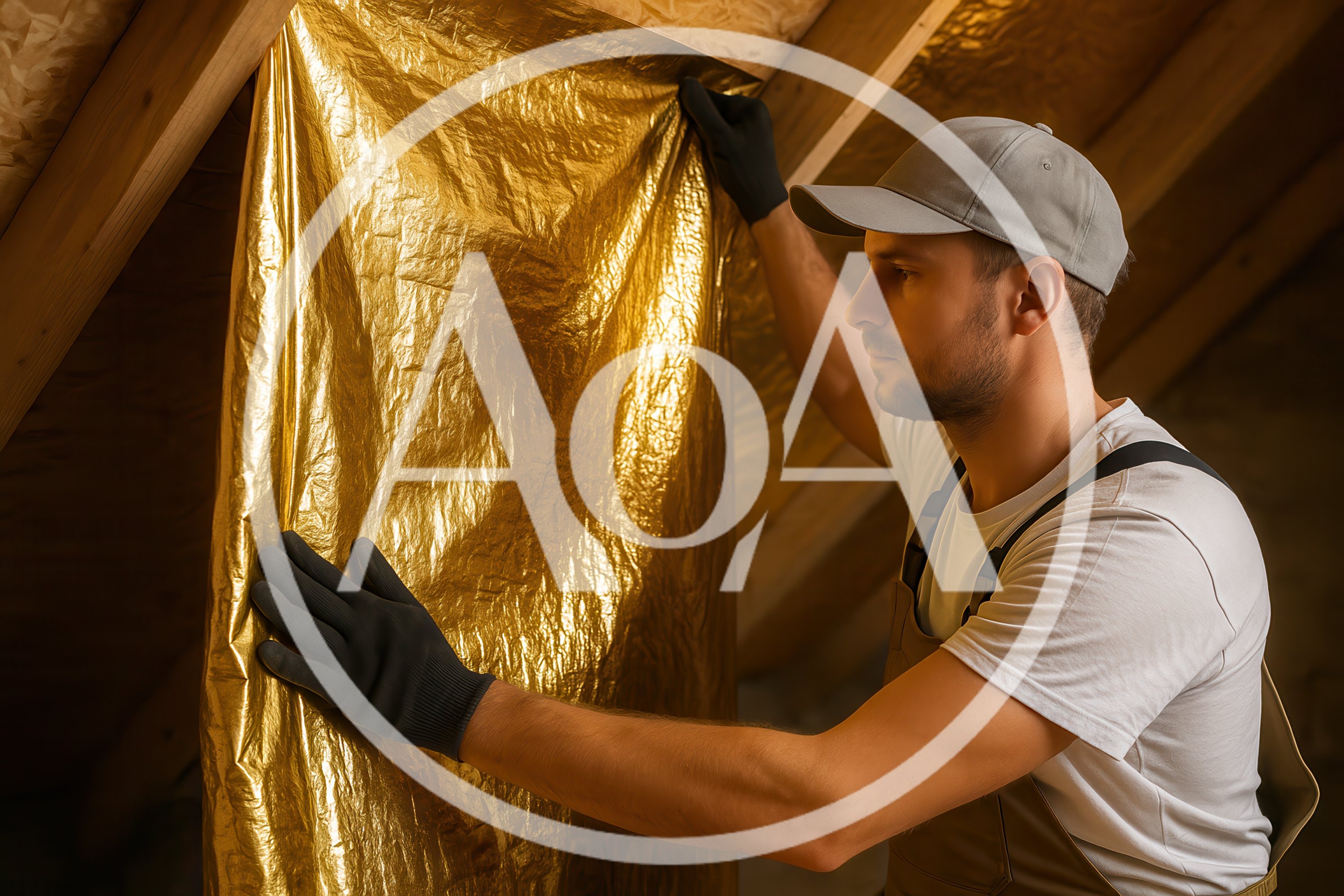 Construction Worker Installing Reflective Insulation In Attic