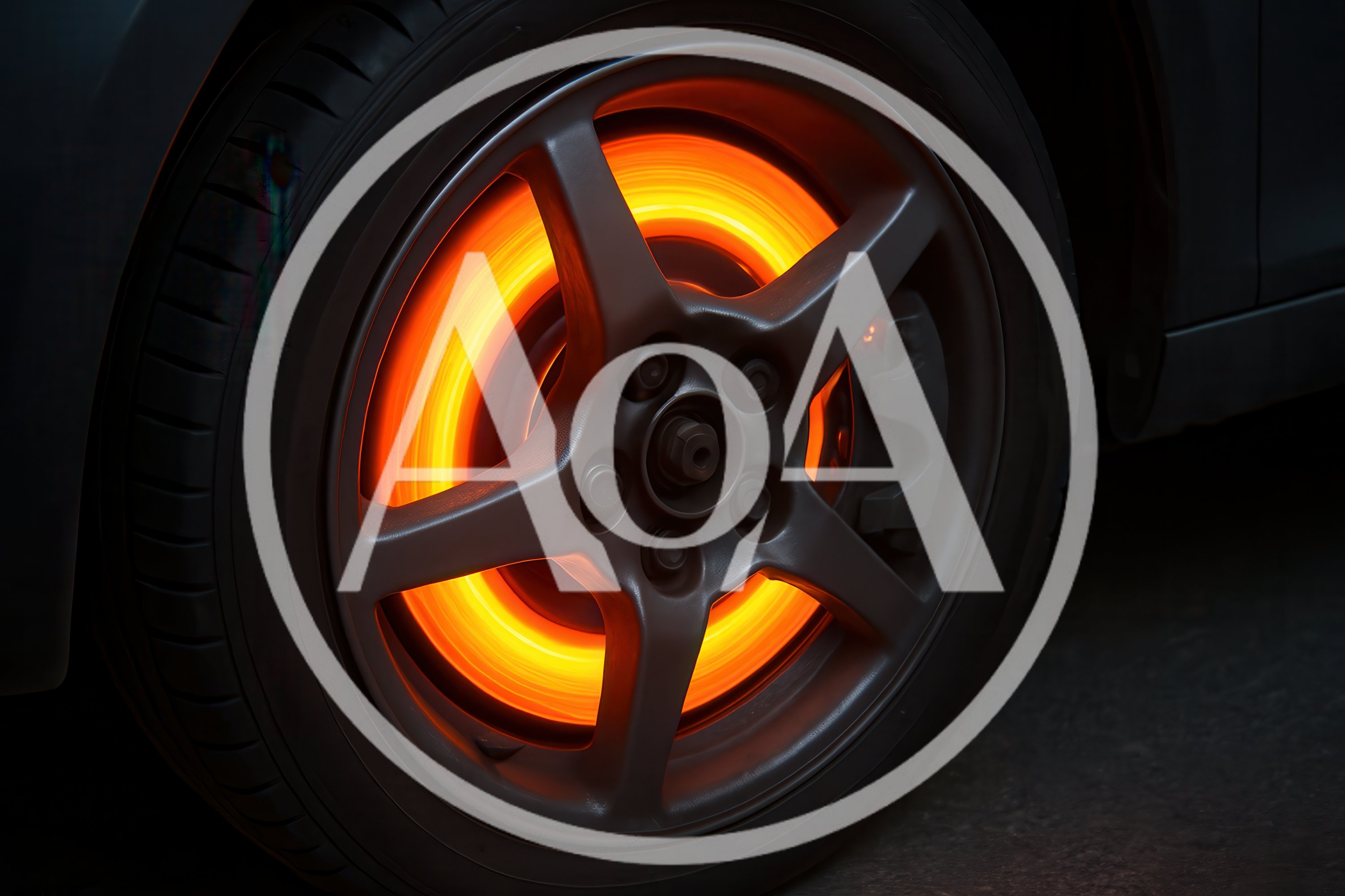 Glowing Hot Brake Rotor on Car Wheel
