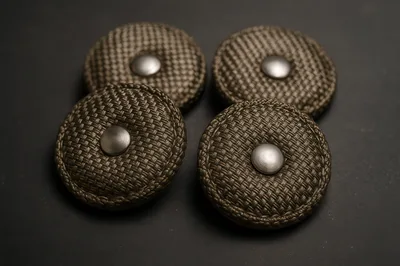 Four Round Fabric Covered Buttons With Metal Centers